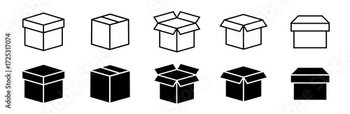 Box icon set. Product package cardboard shipping parcel box icon collection. Open and close box vector sign. Open empty cube package.