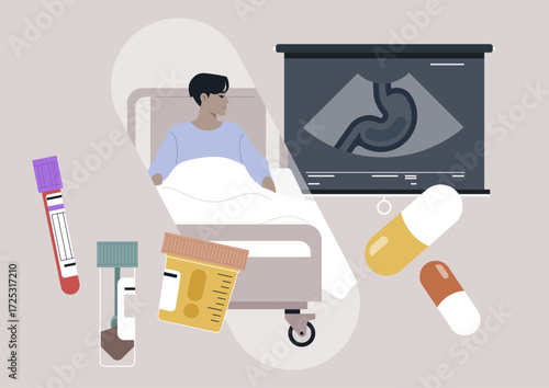 A patient rests in a hospital bed surrounded by medical supplies and examination tools, symbolizing recovery and the importance of health monitoring in medical environments
