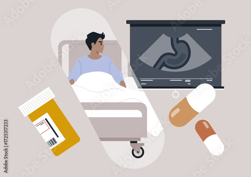 A patient rests in a hospital bed surrounded by medical supplies and examination tools, symbolizing recovery and the importance of health monitoring in medical environments