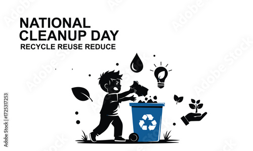 National cleanup day illustration of child recycling and environmental symbols