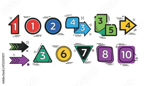 Colorful geometric shapes with numbers and arrows