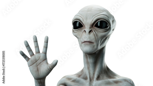 Friendly alien waving hello with outstretched hand for universal greeting
