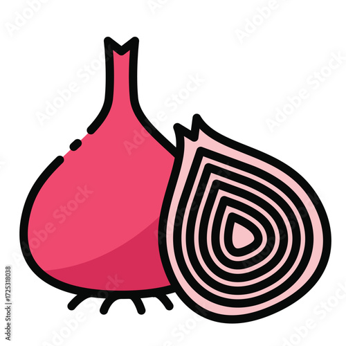 A pink onion whole and sliced with black outlines