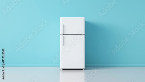 White retro fridge in an empty room with a blue wall and black wooden floor - billboard banner template mockup with place for text and logo