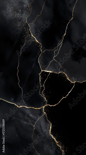 Kintsugi Elegance: An image of a cracked black surface, gracefully mended with radiant gold veins, embodies the Japanese art of Kintsugi, symbolizing resilience, beauty.