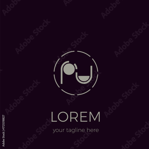PU letter logo icon design. Full circle as letter P and half circle as letter U. Both letters are framed and united by a circular line.