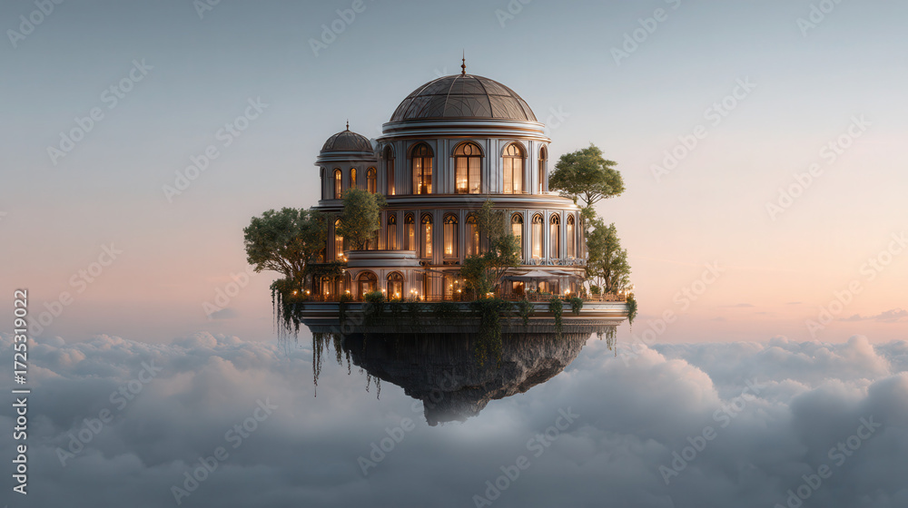 Fototapeta premium Whimsical journey to an ethereal floating island dreamlike atmosphere enchanted viewpoint magical fantasy in the skies