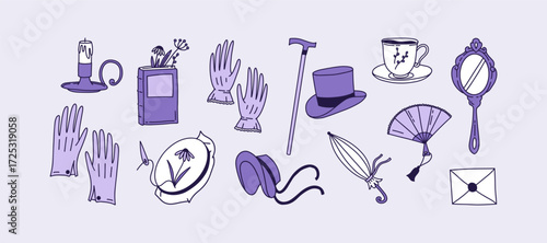 Doodle set of Jane Austen era elements. Vector Georgian and Regency era collection. Mirror, gloves, hat, umbrella, book, flowers, candle, tea cup, fan, cane, letter. 18th-19th centuries of Britain