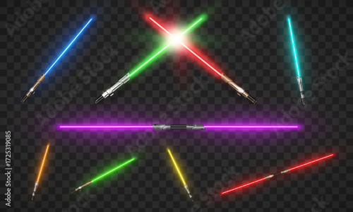 New realistic design laser neon weapons pack on transparent background. Star wars concept. Crossed swords. Laser sabre. Vector illustration