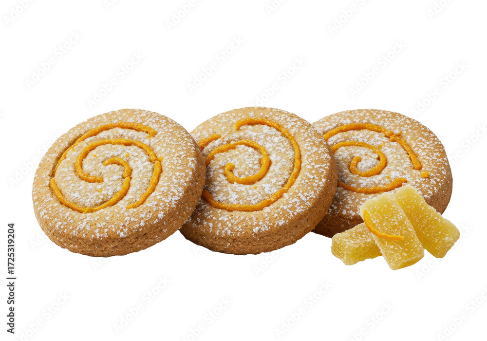 Fototapeta premium Three gourmet ginger shortbread cookies with orange zest, powdered sugar, and a candied ginger piece, arranged on a seamless transparent background in a studio. Gourmet baking concept