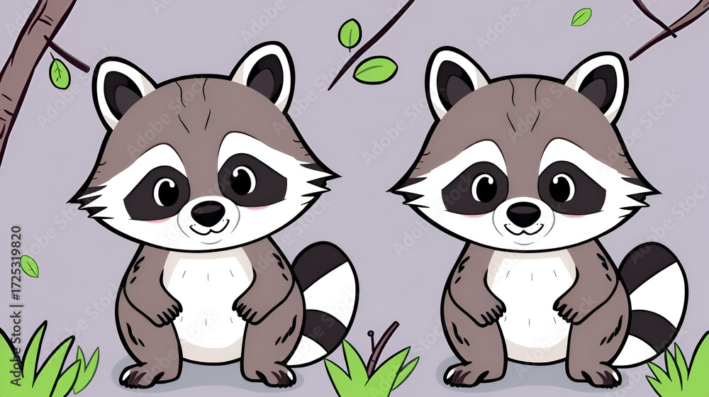 Fototapeta premium Logic puzzle for children and adults. Can you find two identical raccoons? Page for kids brain teaser book. Task for attentiveness. IQ test. Play online. Vector cartoon illustration.
