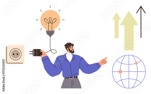 Man holding a plug, glowing lightbulb, upward arrows, and globe outline with connecting dots. Ideal for innovation, growth, technology, energy progress global reach ideas. Simple flat metaphor