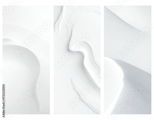 Three panels of textured, white, flowing forms, seemingly snow or sand