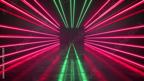 Fototapeta Naklejka Na Ścianę i Meble -  A vibrant neon tunnel with radiating red and green lines creates an electrifying atmosphere.