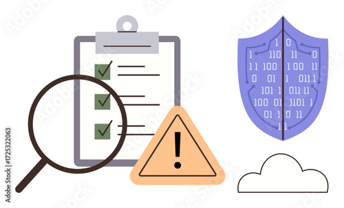 Magnifying glass inspecting checklist, warning icon, digital shield, and cloud icon emphasize monitoring, risk analysis, data protection, and cybersecurity in technology. Ideal for security