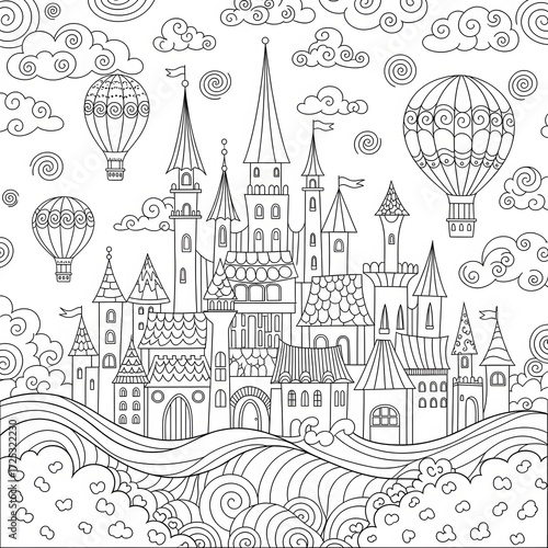 Wallpaper Mural Magical castle coloring page. Fantasy fairy tale scene illustration. A beautiful castle with spires and hot air balloons floating above a hilly landscape. Great activity for children. Torontodigital.ca