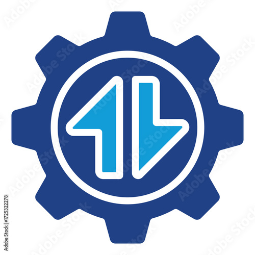 Arrow Setting Glyph Dual Tone Blue Icon Design Vector - Gear with up and down arrows inside, symbolizing system adjustment, configuration, and process control
