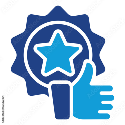 Quality Approval Glyph Dual Tone Blue Icon Design Vector - Medal with a star and thumbs up, representing quality assurance, trust, and recognition