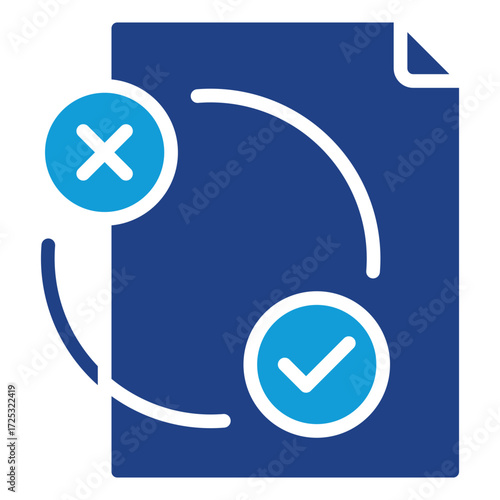 Process Review Glyph Dual Tone Blue Icon Design Vector - document with cycle arrows and check cross marks symbolizing review, decision-making, and approval process