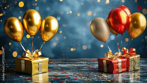 Golden balloons and wrapped gifts placed on a festive stage for a celebration party symbolizing joy, luxury, and holiday event gatherings