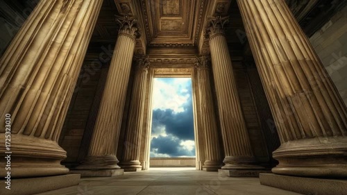 Ancient stone pillars with open archway leading to bright sky symbolizing history, architecture, and cultural heritage significance