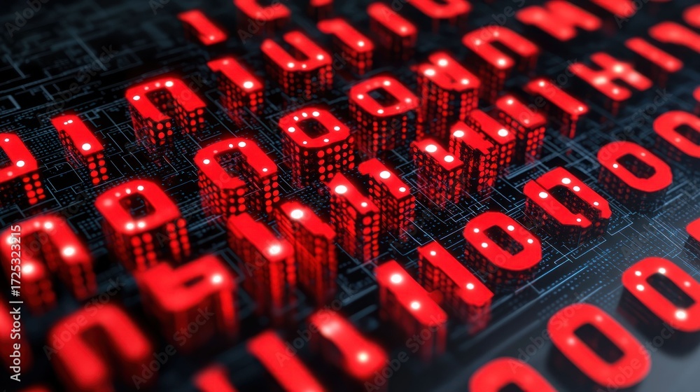 Fototapeta premium Abstract Digital Binary Code: Red Illuminated Numbers on Circuit Board