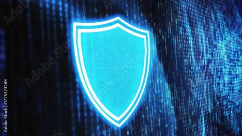 Digital glowing blue shield symbol on dark background symbolizing cyber security, protection, and technology defense