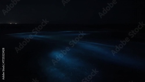 Bioluminescence in the ocean at night, with glowing blue light illuminating the dark water, creating a magical and ethereal scene of the natural phenomenon