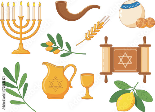 Happy Succot greeting card with menorah, shofar, etrog, lulav, Torah scroll, and harvest symbols — festive Jewish holiday design for celebrations and invitations.