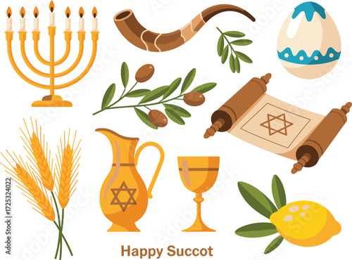 Happy Succot greeting card with menorah, shofar, etrog, lulav, Torah scroll, and harvest symbols — festive Jewish holiday design for celebrations and invitations.