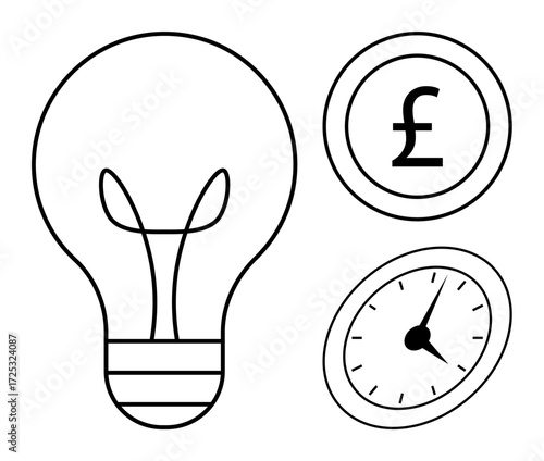 Light bulb symbolizing creativity, pound coin for financial value, and clock for time management. Ideal for innovation, productivity, investment, efficiency, entrepreneurship, planning financial