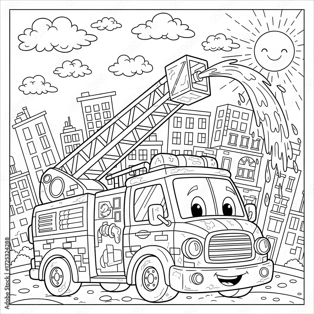 Fototapeta premium Cute fire truck coloring page. Adorable cartoon emergency vehicle illustration. A friendly fire truck with a ladder spraying water, on a city street with a smiling sun. Great for kids.