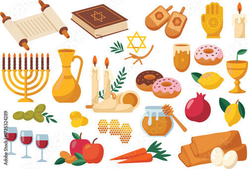 Jewish holiday icons collection: menorah, Torah, dreidels, honey, apples, pomegranate, wine — festive vector set for Hanukkah, Rosh Hashanah & Jewish celebrations.