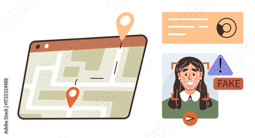 Digital map with location pins and deepfake detection interface with a flagged fake alert. Ideal for technology, AI, cybersecurity, privacy, facial recognition, map navigation, secure identity