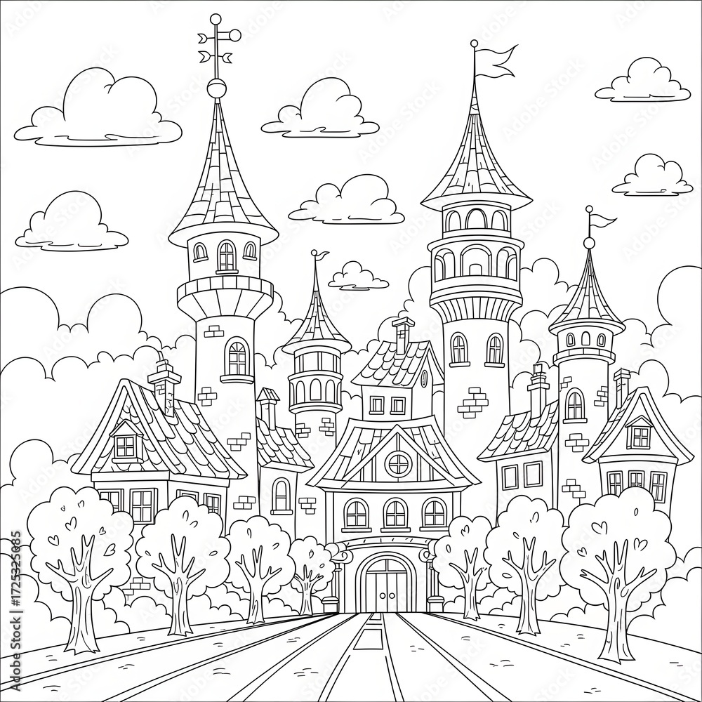 Naklejka premium Fantasy cityscape coloring page. Detailed magical town illustration. A street leading to a whimsical city with charming houses and towering spires. Fun printable activity for children.