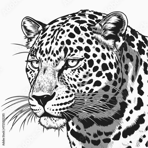 Graphic leopard portrait in black and white on white background. This leopard graphic print features animal portrait with intricate details, capturing feline in its wild glory.