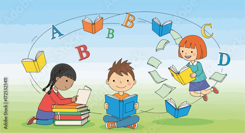 Children reading books design showing joyful learning experiences with colorful books and alphabet letters. Children reading together fosters a love for education and literature,