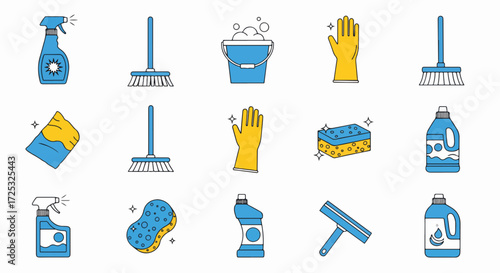 Cleaning tools icons in blue and yellow on white, depicting various household cleaning equipment. Cleaning tools icons representing items like spray bottles, brushes, buckets, gloves, sponges,