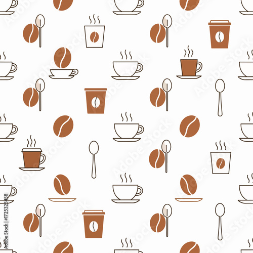 Coffee beans cups spoons pattern on white background, forming seamless coffee bean pattern, a delightful coffee bean pattern for backgrounds or product wraps.