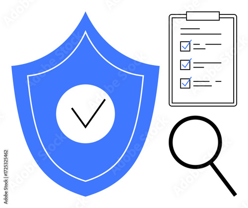 Blue shield with check mark, clipboard checklist, magnifying glass symbolizing security, analysis, protection, data privacy, compliance, quality control transparency and auditing concepts. Ideal