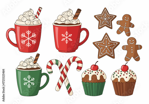 Cozy Christmas drinks and snacks vector set features festive cups of cocoa, candy canes, gingerbread men, and decorated cupcakes. Enjoy warm Cozy Christmas drinks and snacks,