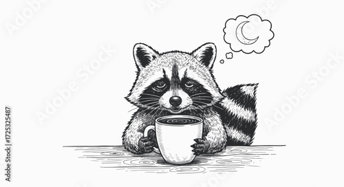 Cute fluffy raccoon with coffee mug illustration in vintage style, showcasing cute fluffy raccoon in humorous light. Coffee mug in paws with sleepy expression, cute fluffy raccoon looks charming.