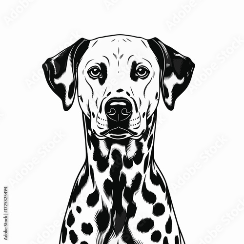 Dalmatian portrait with striking contrast in black and white, captured in a woodcut style. This woodcut style dalmatian portrait showcases unique and artistic rendering.