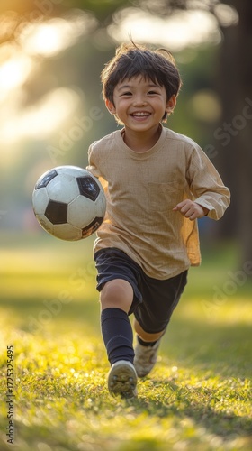 Joyful Young Soccer Player Running on Grass