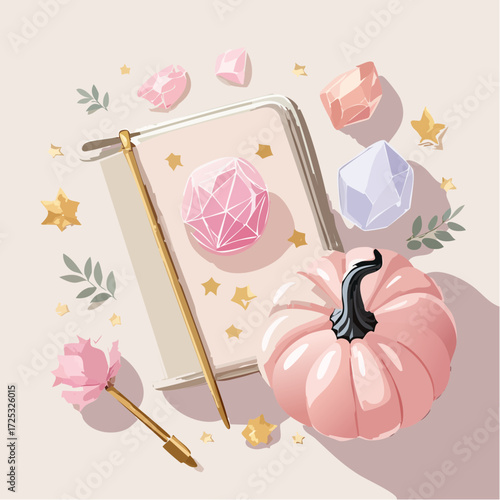 Witchy flat lay with crystals, spellbook and pumpkin