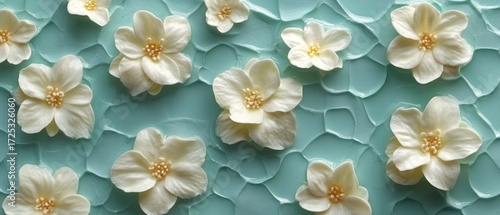 Serene Blossom: An Exquisite Collection of Creamy White Flowers on a Textured Mint Background