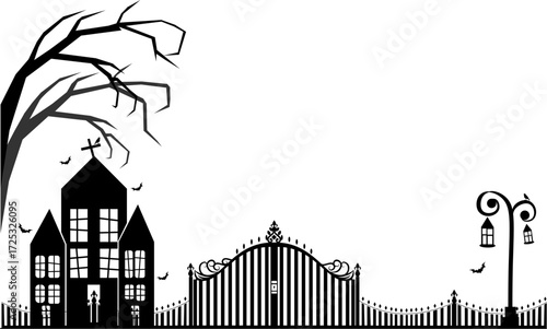 horror castle with cemetery gates