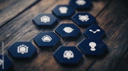 Hexagonal Smart Home System Tiles on Wooden Surface