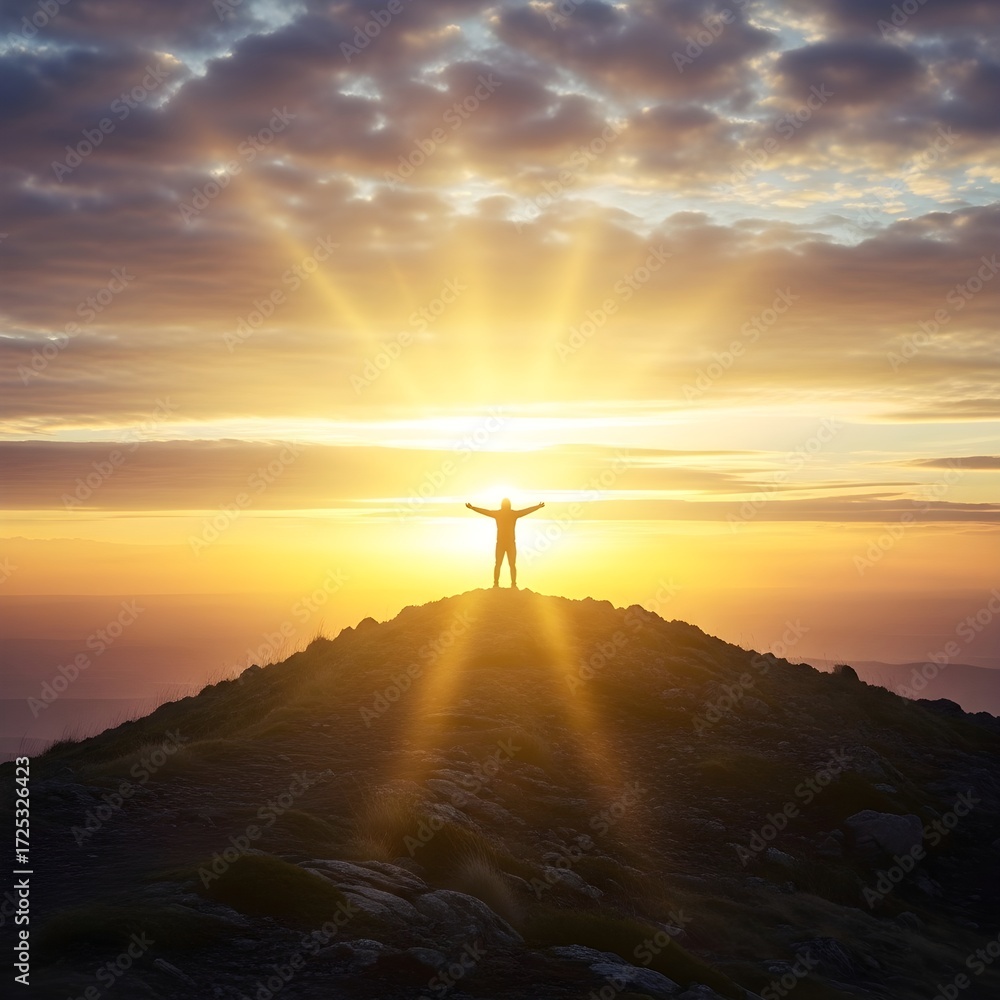 Obraz premium Silhouette of a person with arms raised in victory on a mountain peak at sunrise, celebrating success and freedom