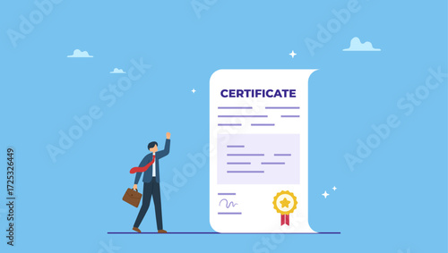 Businessman with star certificate paper for work achievement. Certificate on taking course, award for excellent work or diploma document, license stamp or education certified guarantee.